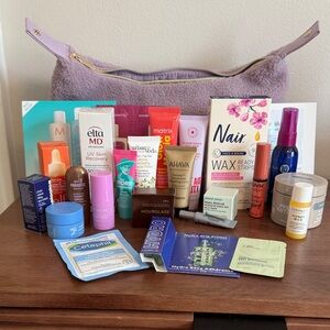 Lilac Faux Shearling Travel Makeup Bag and Products